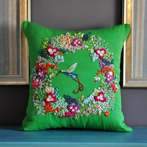 ユニークな手刺繍枕、ブラジル刺繍枕、刺繍グリーンクッションカバー、刺繍フラワーグリーンクッション