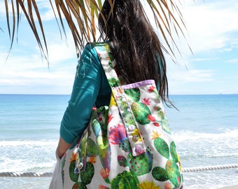 cactus beach bag, shopper beach bag, big beach bag cactus, cactus large bag, tropical big  bag, beach bag cactus, flowers beach bag