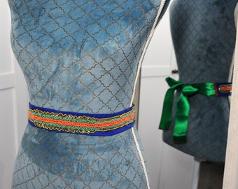 beaded linen belt, blue beaded belt, blue green belt, embroidery blue belt, beaded girls belt, fabric beaded belt, linen long ties belt