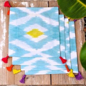 ikat classes coaster, turqoise coaster, anti stain coasters, resin fabric coaster, tassels coasters, tea cups coasters, yellow ikat coasters