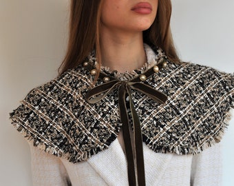 extra large collar, tweed fringes collar, plaid tweed collar, Peter Pan collar, tweed large collar, classic tweed collar