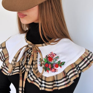 white plaid collar, extra large collar, removable collar, Peter Pan collar, embroidered collar, summer ruffle collar, designer big collar image 1