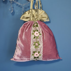 embroidered bag, bridal velvet bag, vintage style bag,silk wedding bag, silk velvet sack bag, bride dusty rose bag, hand embroidered