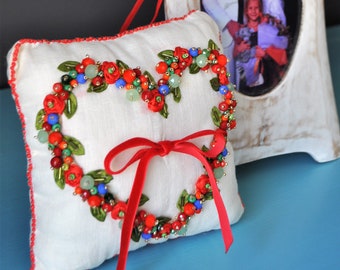 wedding rings pillow, embroidered pillow, jewel wedding pillow, linen white pillow, jewel white pillow, natural stone pillow