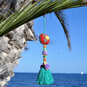 beach bag tassel, hippie bag tassel, keychain tassel, rainbow bag tassel, embroidery keychain, yellow red keychain, bag boho tassel