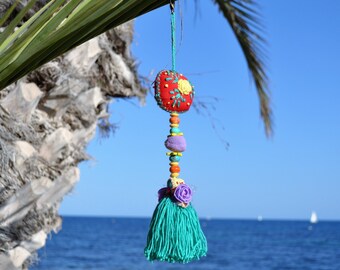 beach bag tassel, hippie bag tassel, keychain tassel, rainbow bag tassel, embroidery keychain, yellow red keychain, bag boho tassel