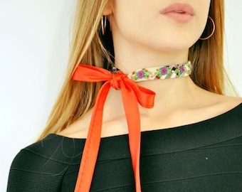 necklace transformer, flowers red choker, wedding slim choker, plaided print scarf, necklace bracelet, statement necklace