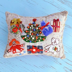 christmas cushion, embroidery pillow, new year line pillow, miniuture pillow, rustic line cushion, decorative pillows, kids linen cushion
