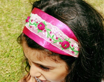 satin pink headband, jewel satin headband, girls lace headband, satin floral crown, wedding headband, embroidery headband