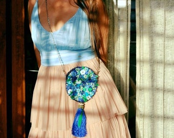 Bridal Clutch Bag, Blue Floral Wedding Purse, Handmade Embroidered Satin Evening Bag with Crystal Strap