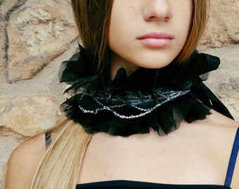 ruffle black collar , lace  black choker, wedding lace collar, silk jewelry collar, women black collar, statement necklace, bridal necklace