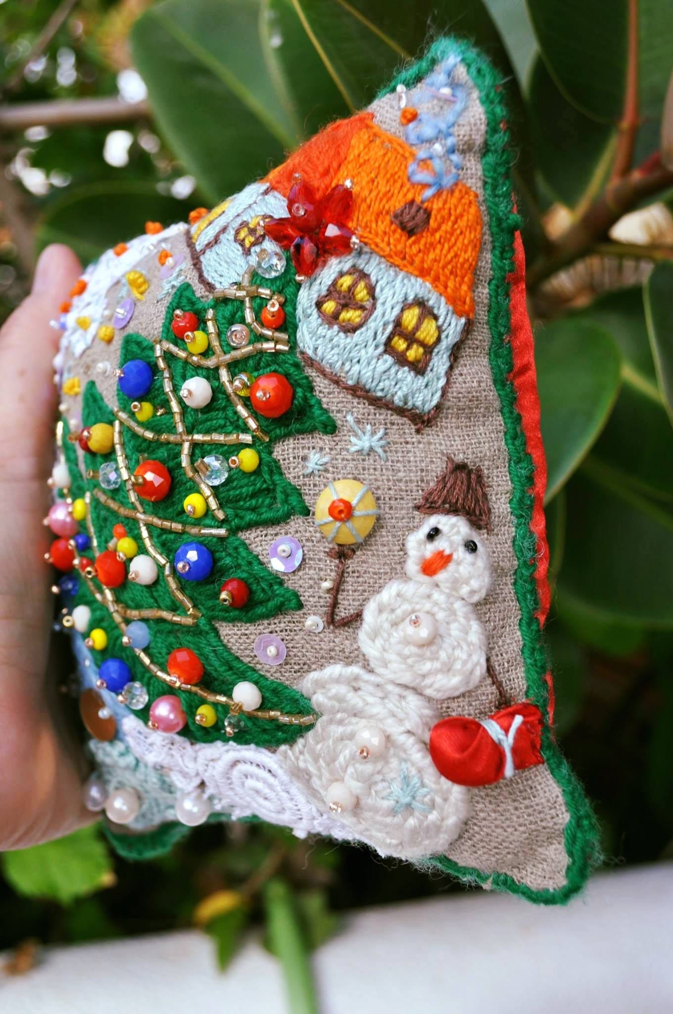 Small Xmas Pillow, Hand Embroidered, Rustic Linen Pillow, Stuffed Small Pillow, Collector Xmas