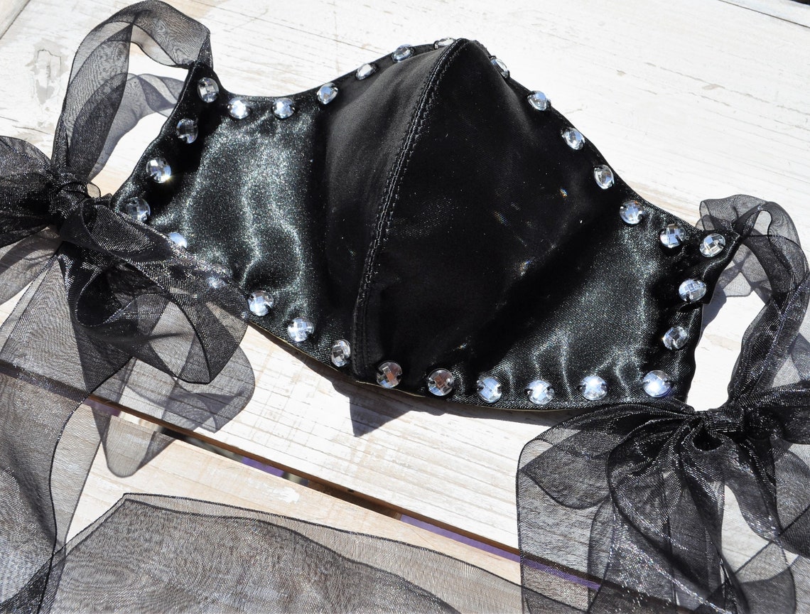 Black jewel mask black ties mask duoble layer mask | Etsy