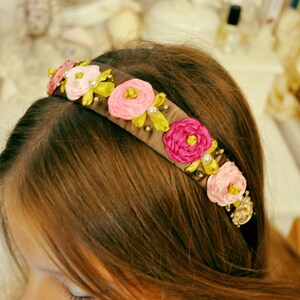 embroidery headband, flowers headband, hand embroidery, silk flowers crown, wedding headband, bridal flowers crown, brown satin headband