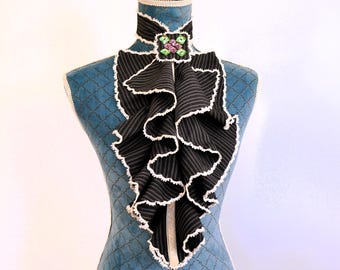 Hand Embroidered Jabot Collar Victorian Statement Necklace Tie Ruffle Neck Accessory Silk Ribbon Brooch Elegant Outfit