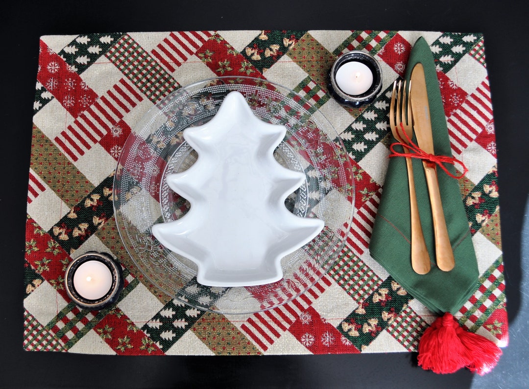 Christmas Placemats, Xmas Gold Placemat, Green Red Placemats, Jacquard
