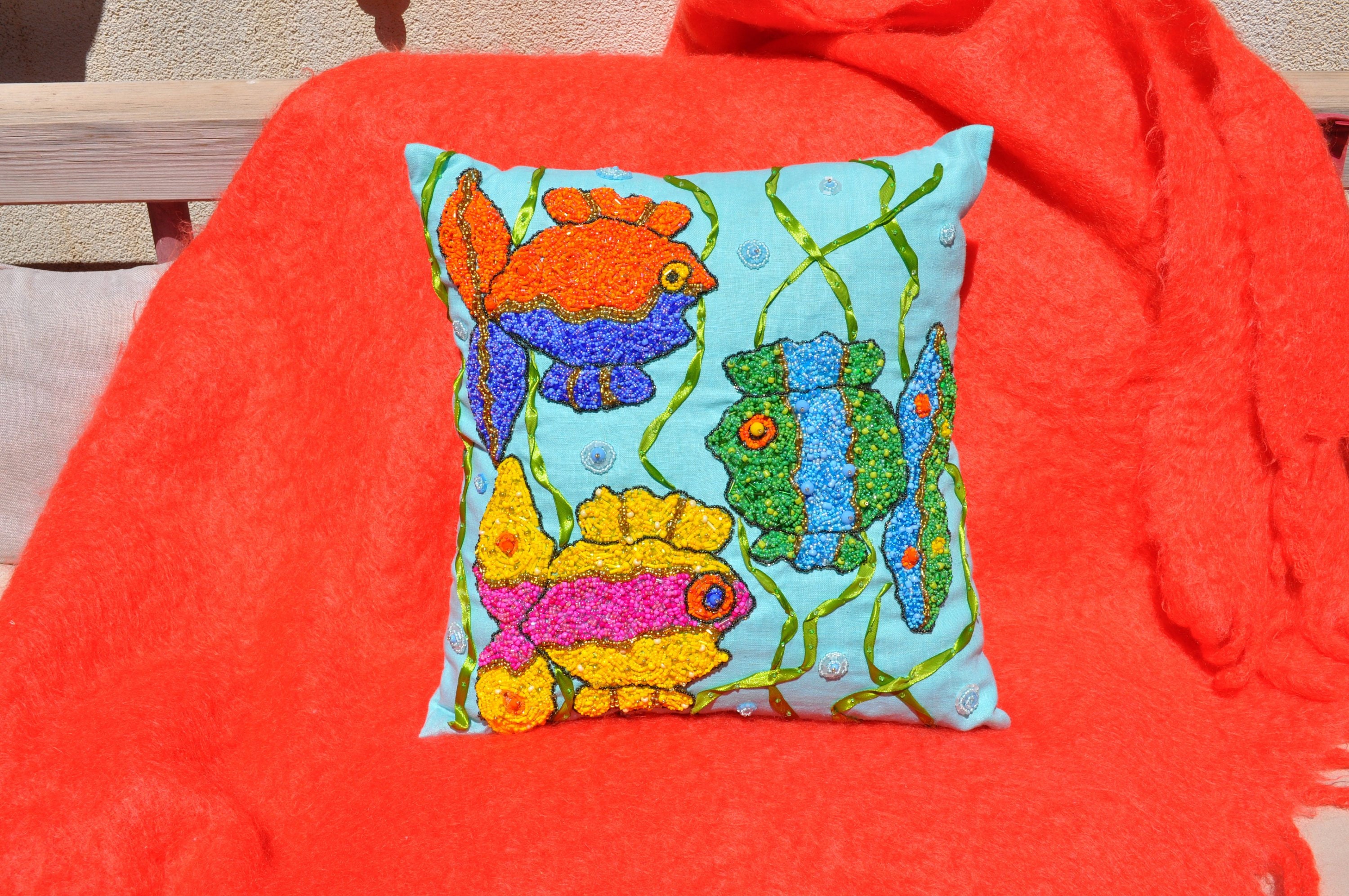 Rainbow Fish Pillow Fish Print Pillow Embroidery Pillow Etsy