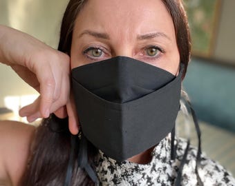 Black Cotton Face Mask with Filter Pocket, Ribbon Tie Mask, Fashion Mask, Adjustable Mask, Minimal Mask, Handmade Mask