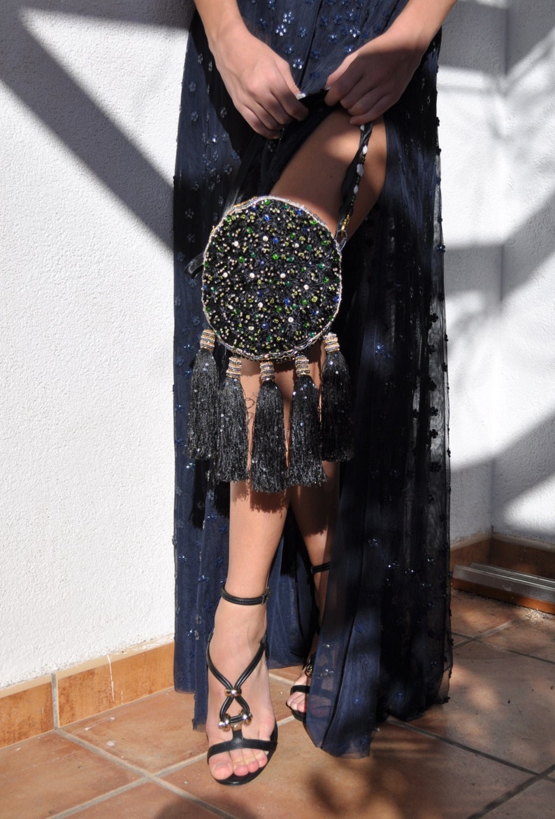 Jewel Round Clutch, Embroidery Satin Bag, Round Clutch Bag, Black Small