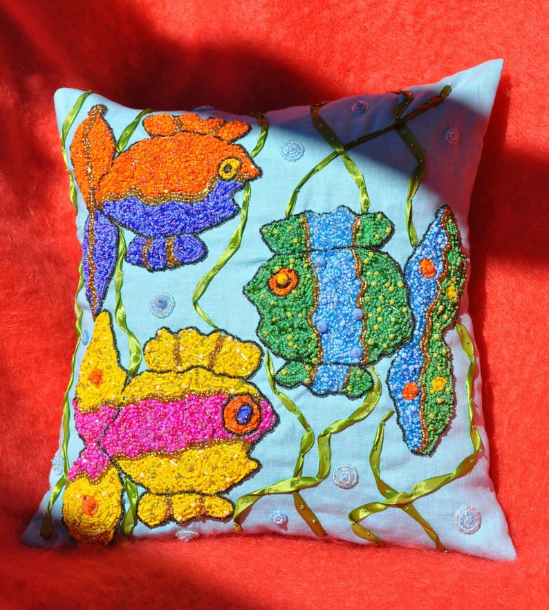 Rainbow Fish Pillow Fish Print Pillow Embroidery Pillow Etsy