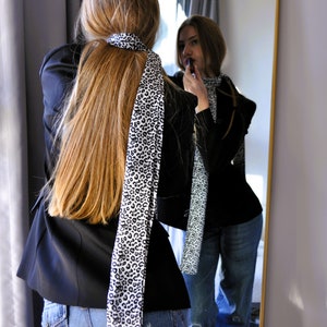 extra long scarf, pure silk scarf, leopard print scarf, black white scarf, silk leopard scarf, best women gift, leopard necklace