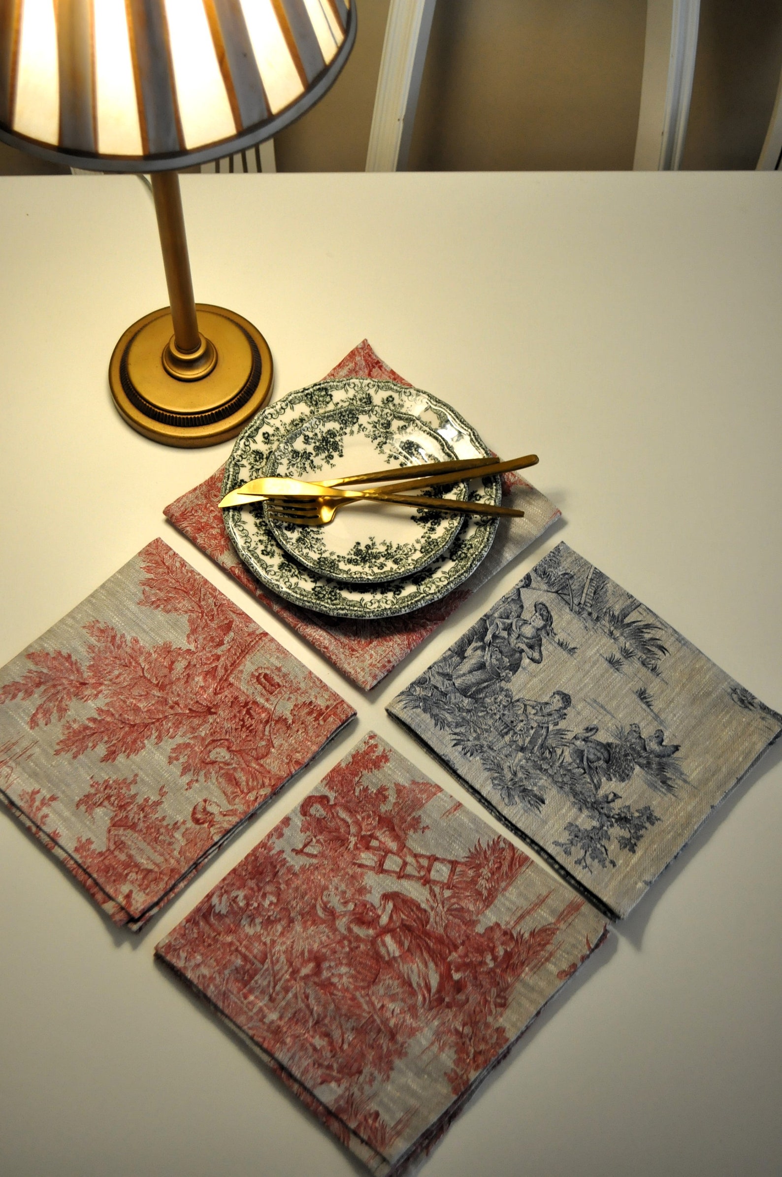 Toile De Jouy Napkin, Linen Vintage Napkin, Vintage Style Napkin, 6