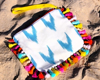 Mallorcan print bag, small handle bag, arrows beach bag, tassels clutch bag, blue white bag, Mallorcan clutch bag, summer bag tassels