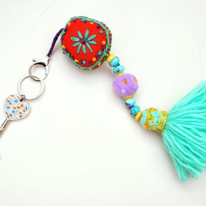beach bag tassel, hippie bag tassel, keychain tassel, rainbow bag tassel, embroidery keychain, red heart keychain, bag boho tassel