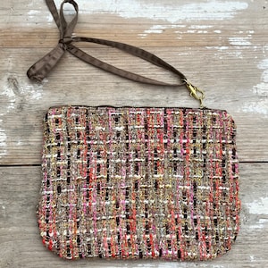 tweed clutch bag, brown tweed clutch, tweed small bag, toiletry bag tweed, multicolor tweed bag, striped toiletry bag, plaid clutch bag