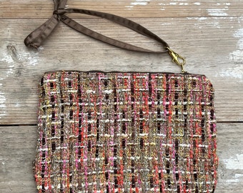 tweed clutch bag, brown tweed clutch, tweed small bag, toiletry bag tweed, multicolor tweed bag, striped toiletry bag, plaid clutch bag