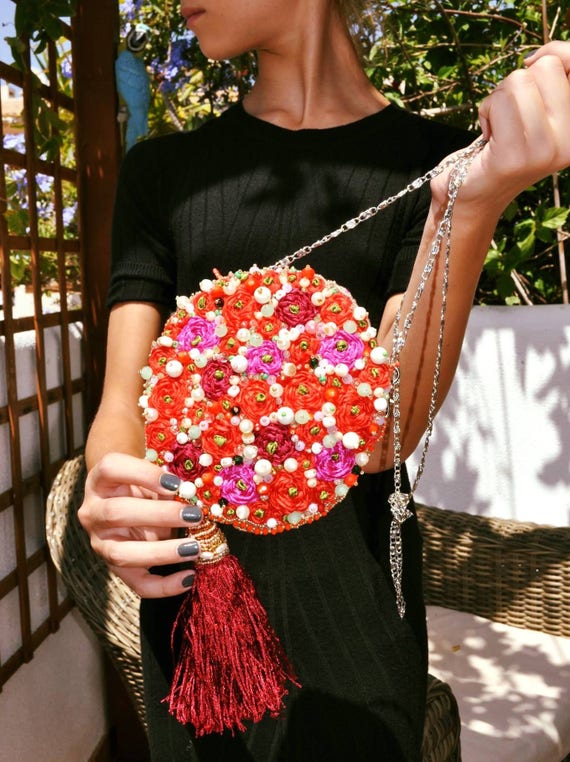 Bolso joya redondo embrague bolso fucsia bordado redondo | Etsy México