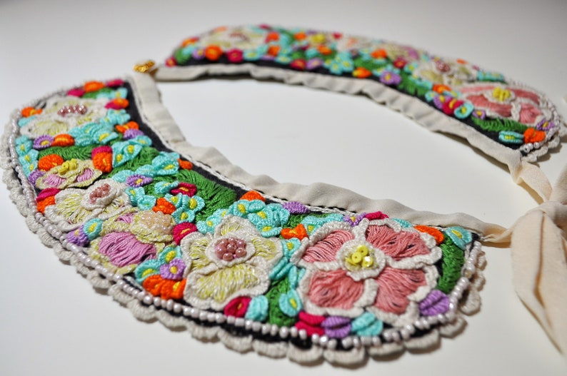 gray collar flowers, extra large collar, embroidery collar, Peter Pan collar, brazilian embroidery, wool lace collar, designer big collar image 8