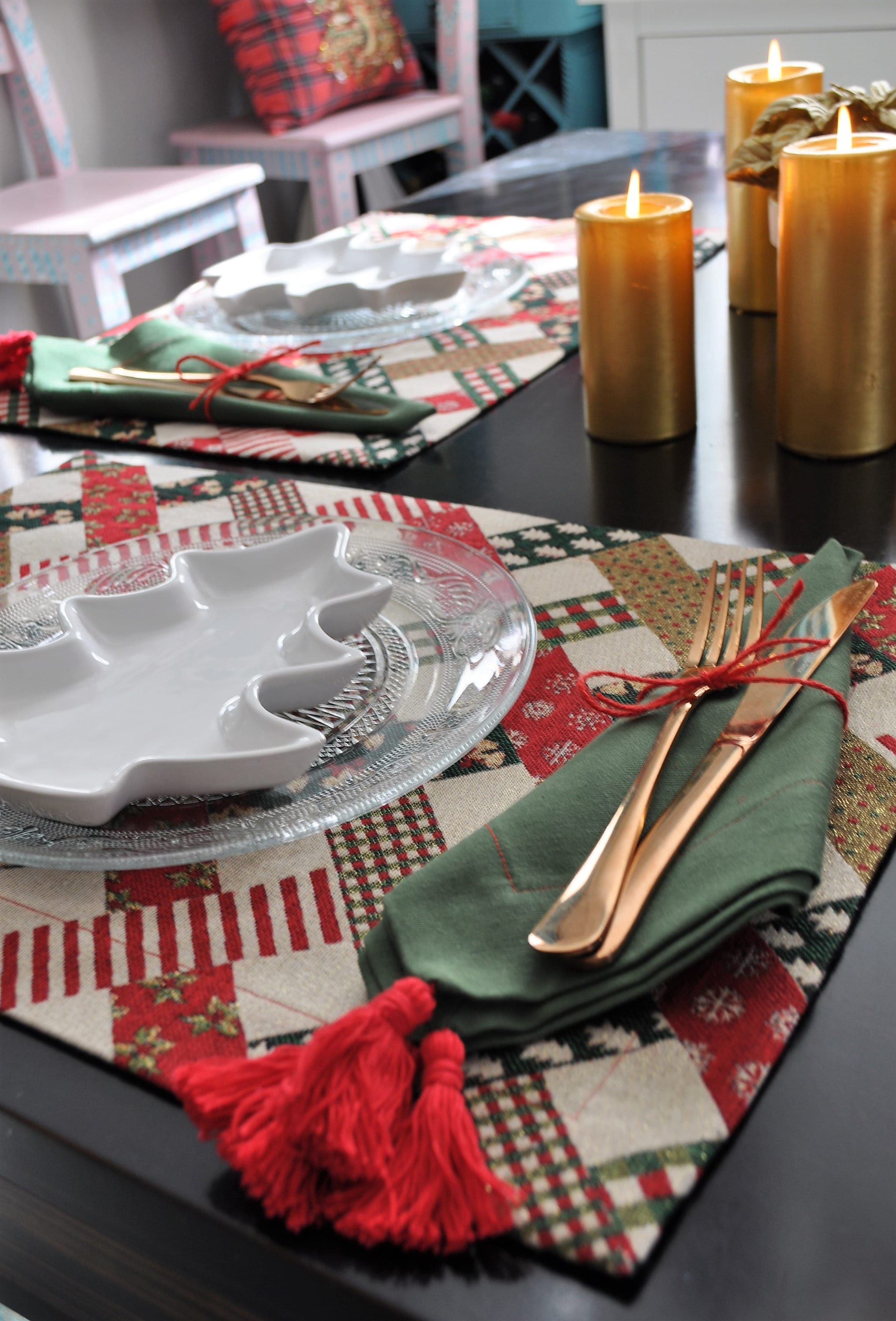 Christmas Placemats Xmas Gold Placemat Green Red Placemats Etsy