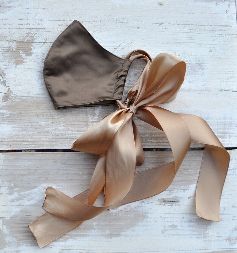 Brown Satin Mask, Wide Ties Mask, Duoble Layer Mask, Decorative Mask