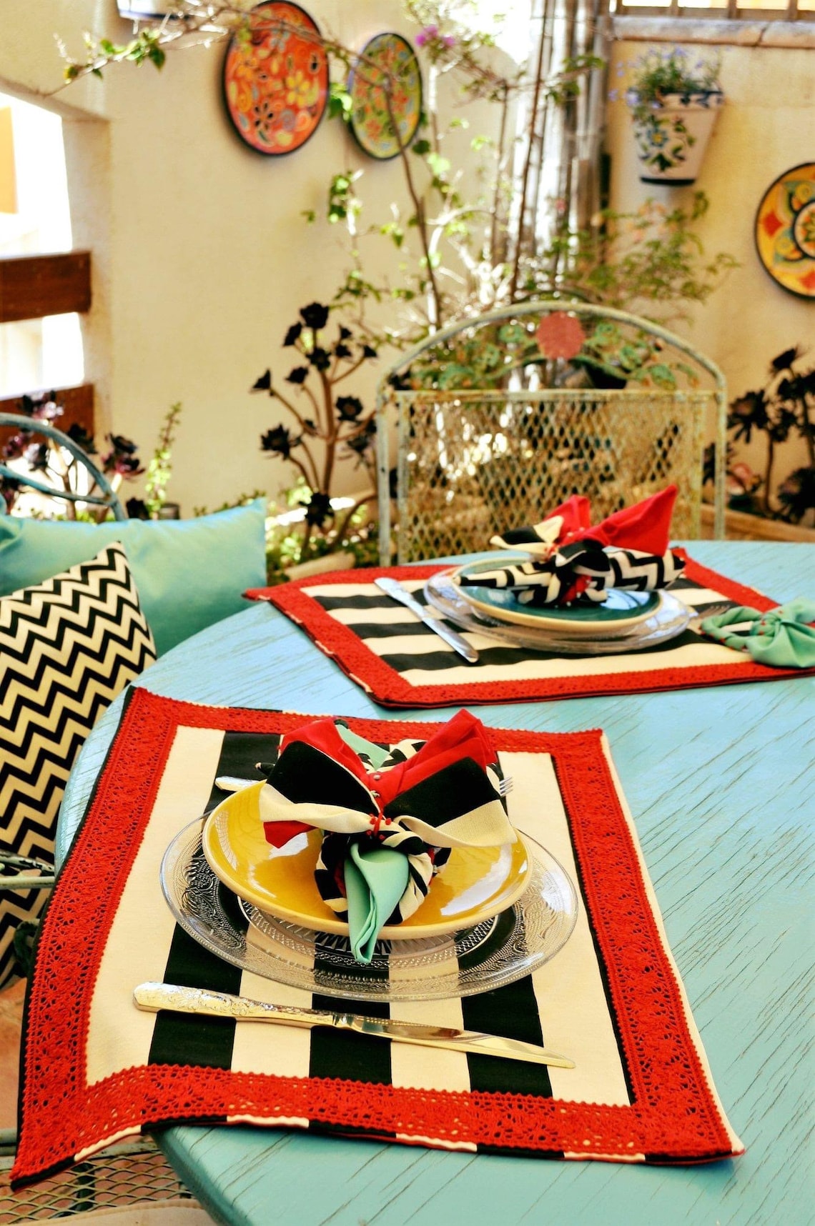 Striped Placemats Red Lace Placemat Cotton Placemats Dining Etsy