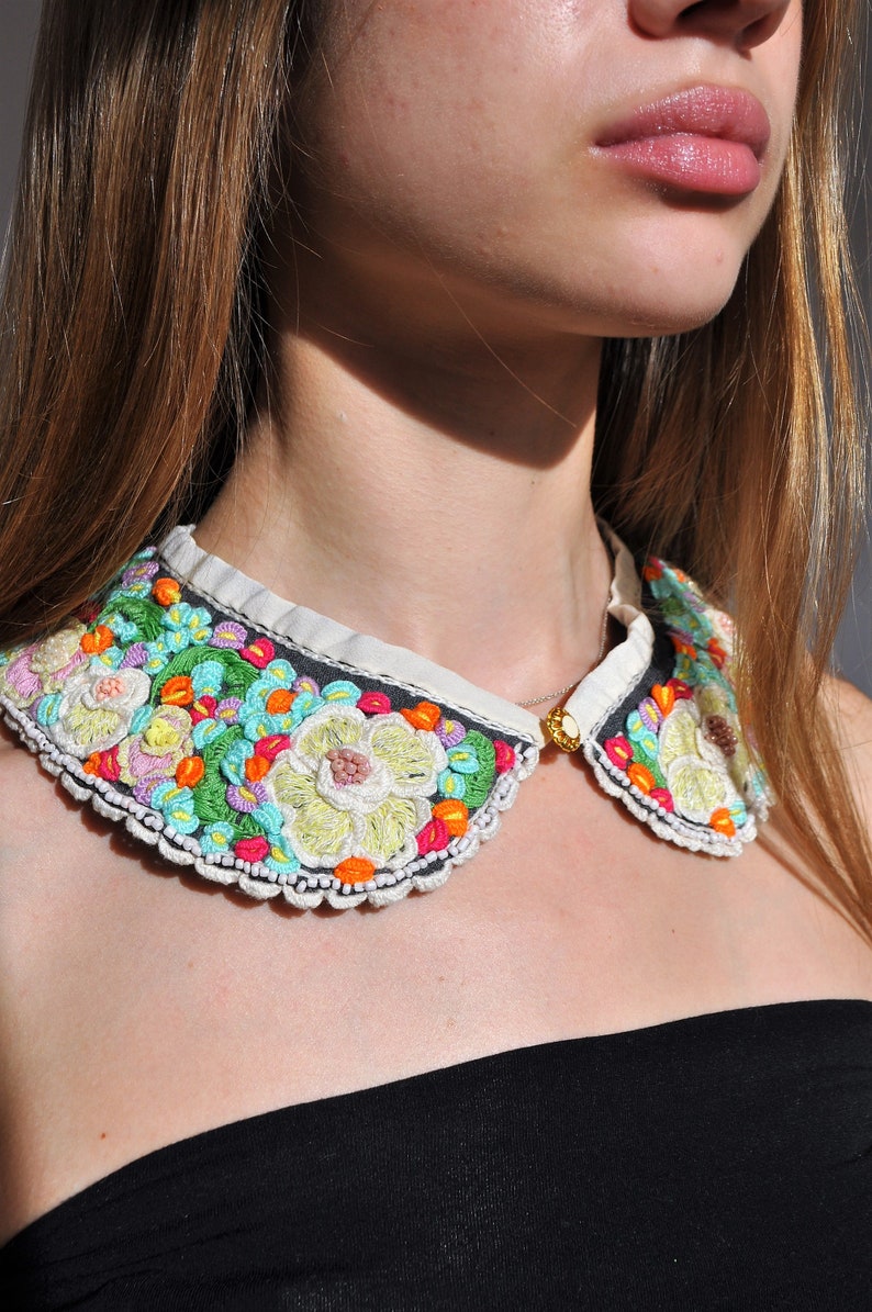 gray collar flowers, extra large collar, embroidery collar, Peter Pan collar, brazilian embroidery, wool lace collar, designer big collar image 4