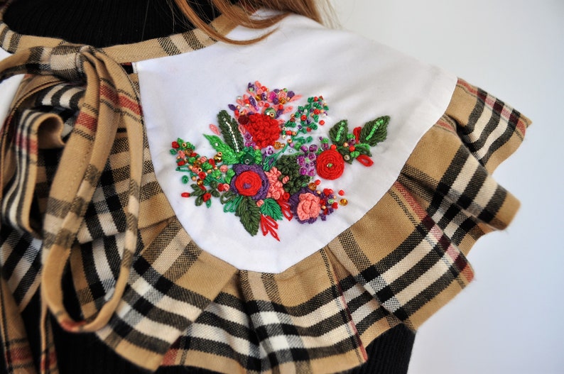 white plaid collar, extra large collar, removable collar, Peter Pan collar, embroidered collar, summer ruffle collar, designer big collar image 7