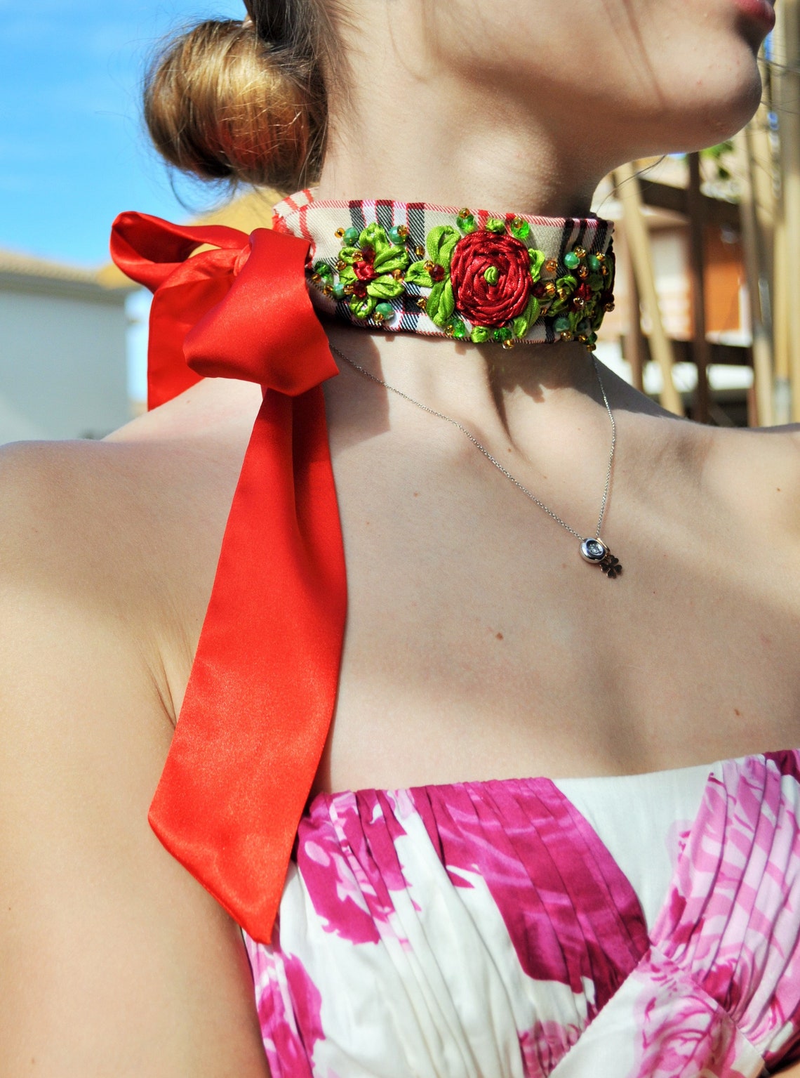 Jewel Plaid Necklace Flowers Red Choker Wedding Slim Choker Etsy