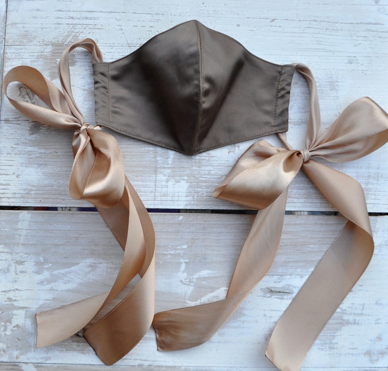 Brown Satin Mask, Wide Ties Mask, Duoble Layer Mask, Decorative Mask