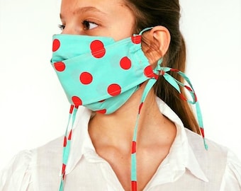cotton dotted mask, mask with ties, duoble layer mask, decorative mask ties, fashionable mask, summer face mask, turquoise ties mask