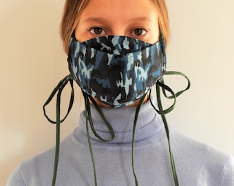 military blue mask, mask extra long ties, triple layer mask, decorative ties mask, fashionable mask, unisex face mask, blue green ties mask