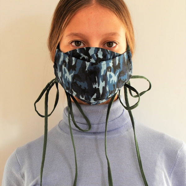 military blue mask, mask extra long ties, triple layer mask, decorative ties mask, fashionable mask, unisex face mask, blue green ties mask