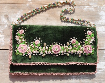 embroidery clutch, brazilian embroidery, velvet clutch bag, green velvet clutch, wedding clutch bag, embroidered clutch, jewel clutch bag