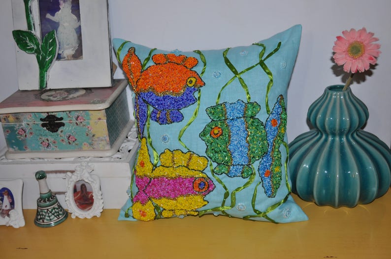 Rainbow Fish Pillow Fish Print Pillow Embroidery Pillow Etsy