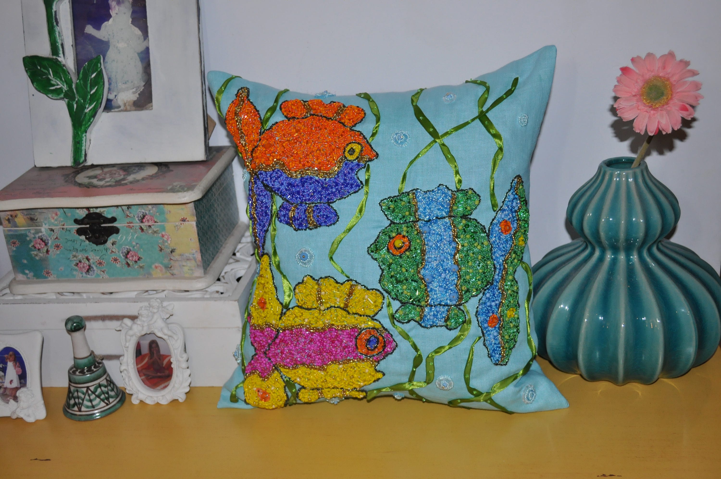 Rainbow Fish Pillow Fish Print Pillow Embroidery Pillow Etsy