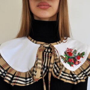 white plaid collar, extra large collar, removable collar, Peter Pan collar, embroidered collar, summer ruffle collar, designer big collar image 6