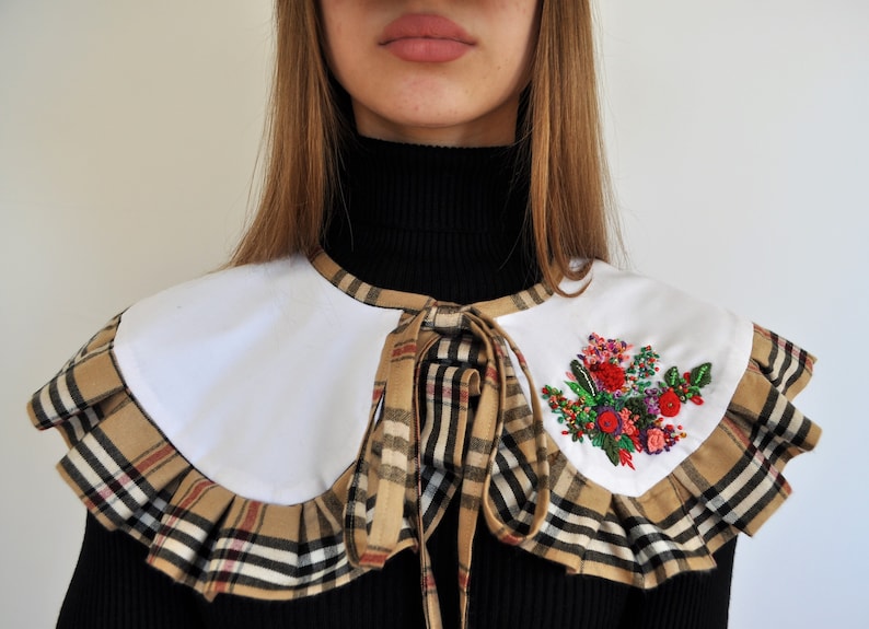 white plaid collar, extra large collar, removable collar, Peter Pan collar, embroidered collar, summer ruffle collar, designer big collar image 6