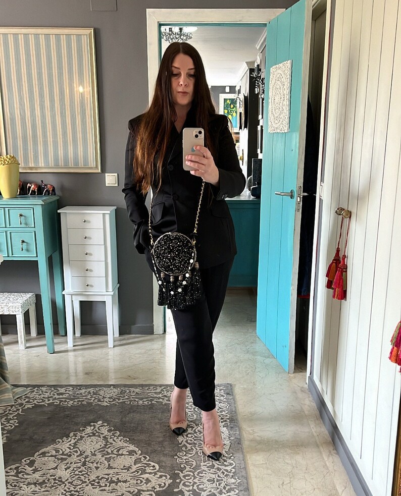 Jewel Round Clutch, Embroidery Satin Bag, Round Clutch Bag, Black Small