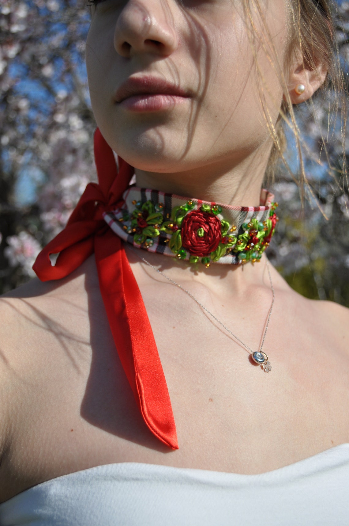 Jewel Plaid Necklace Flowers Red Choker Wedding Slim Choker Etsy