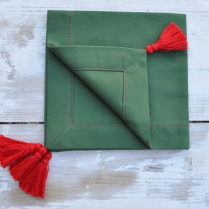 set 4 Xmas napkins, green red napkins, red tassels napkins, cotton green napkins, placemats tablecloth, green cotton napkins image 10
